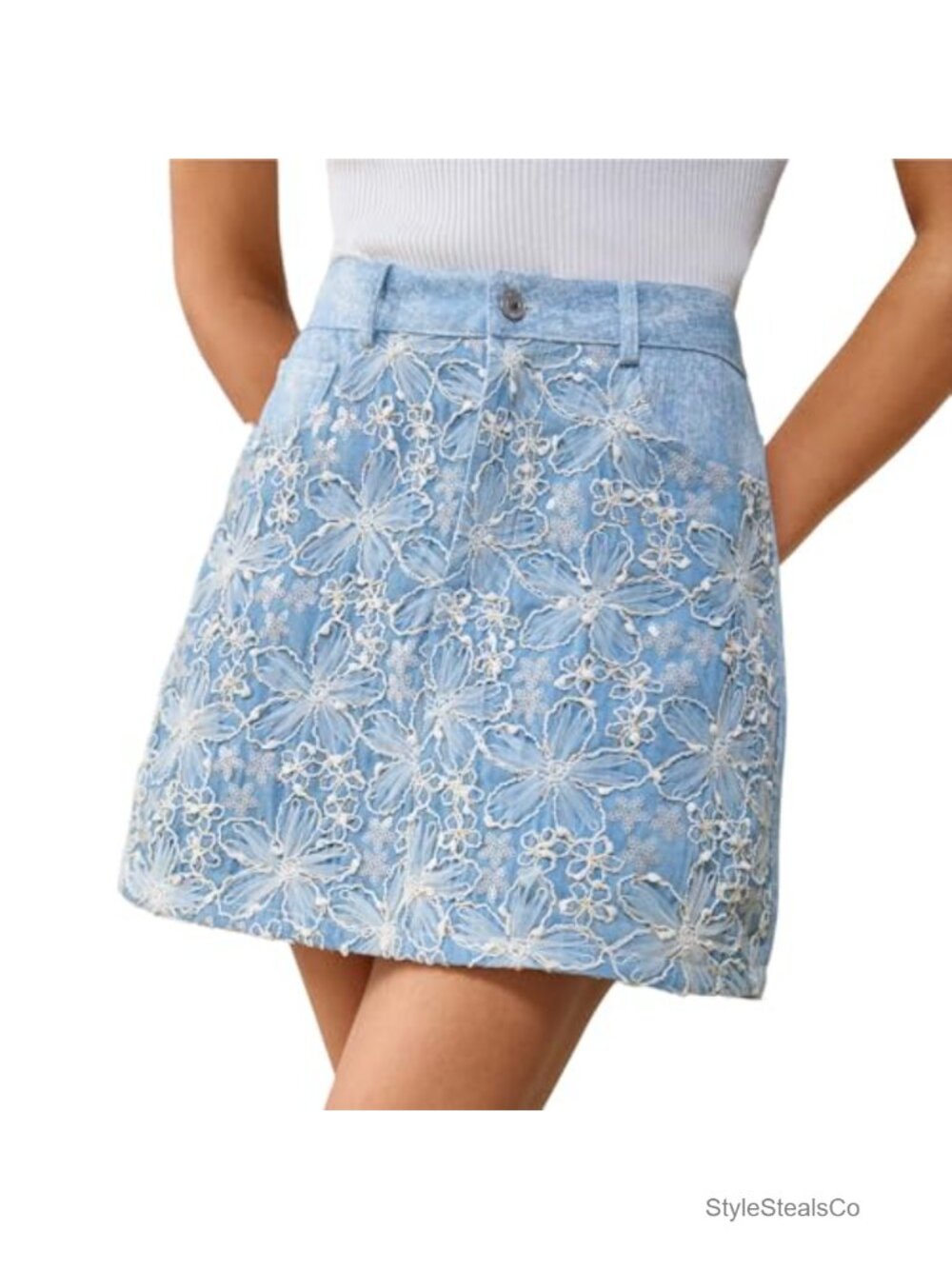 HERYEA High Waisted Floral Lace Denim Mini Skirt - Casual Office Beach